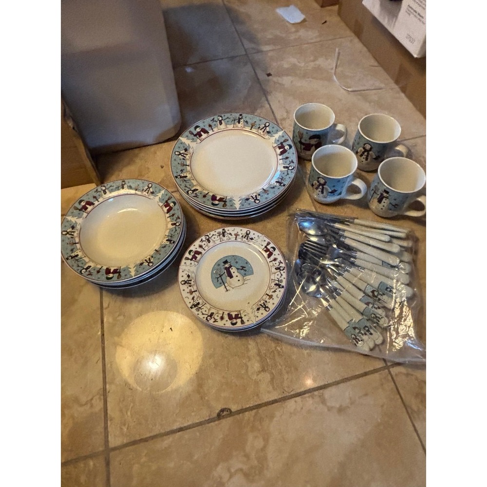 Complete Set Of 4 Meiwa Stoneware Canterbury 1997 Snowman Christmas Vintage